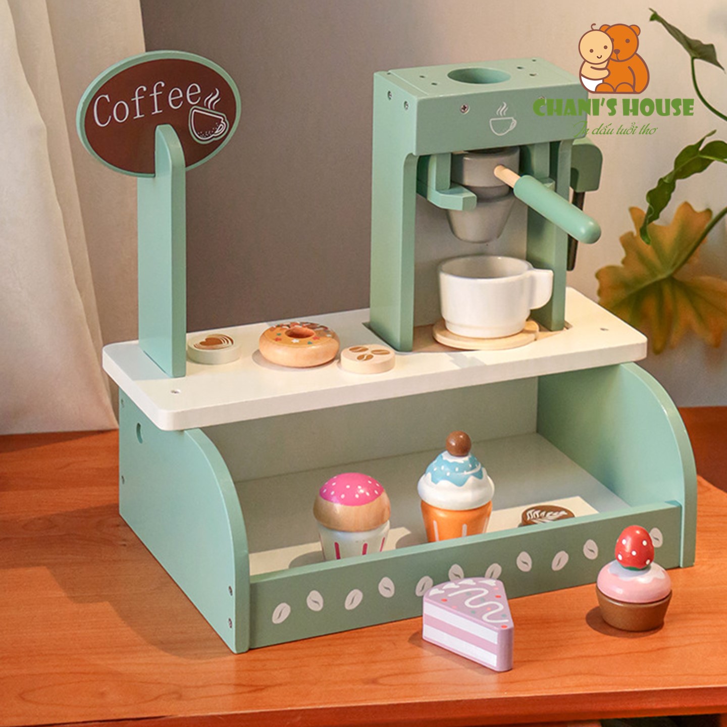Trò chơi đồ hàng kabi trà chiều, quầy kem, quầy bánh, máy xay, máy pha cafe - đồ chơi bằng gỗ