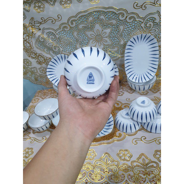 Set 10 Bát ăn cơm Bát Tràng Sọc xanh cao cấp