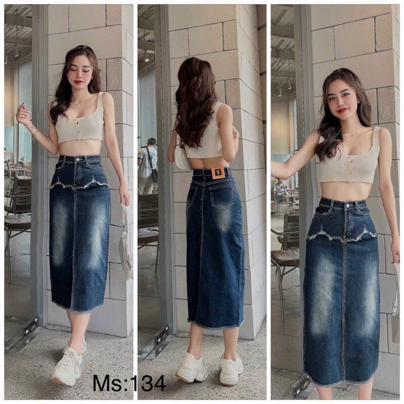 Chân Váy Jean Dài Xẻ Trước Trơn Dáng Basic