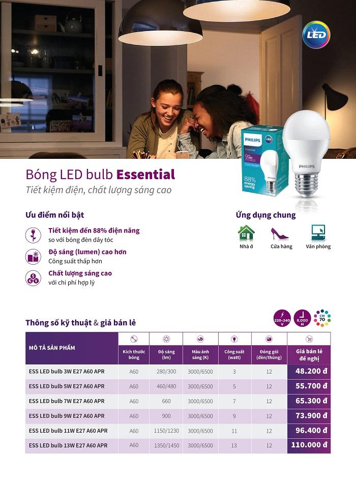 BỘ 3 - BÓNG ĐÈN LED BULB PHILIPS ESSENTIAL 9W E27 A60 ( TIẾT KIỆM ĐIỆN NĂNG - CHẤT LƯỢNG SÁNG CAO - 2 MÀU ÁNH SÁNG LỰA CHỌN TRẮNG VÀ VÀNG )