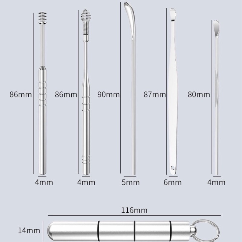 Bộ 6 món ngoáy tai cao cấp hộp móc khóa INOX tiện dụng mang theo người