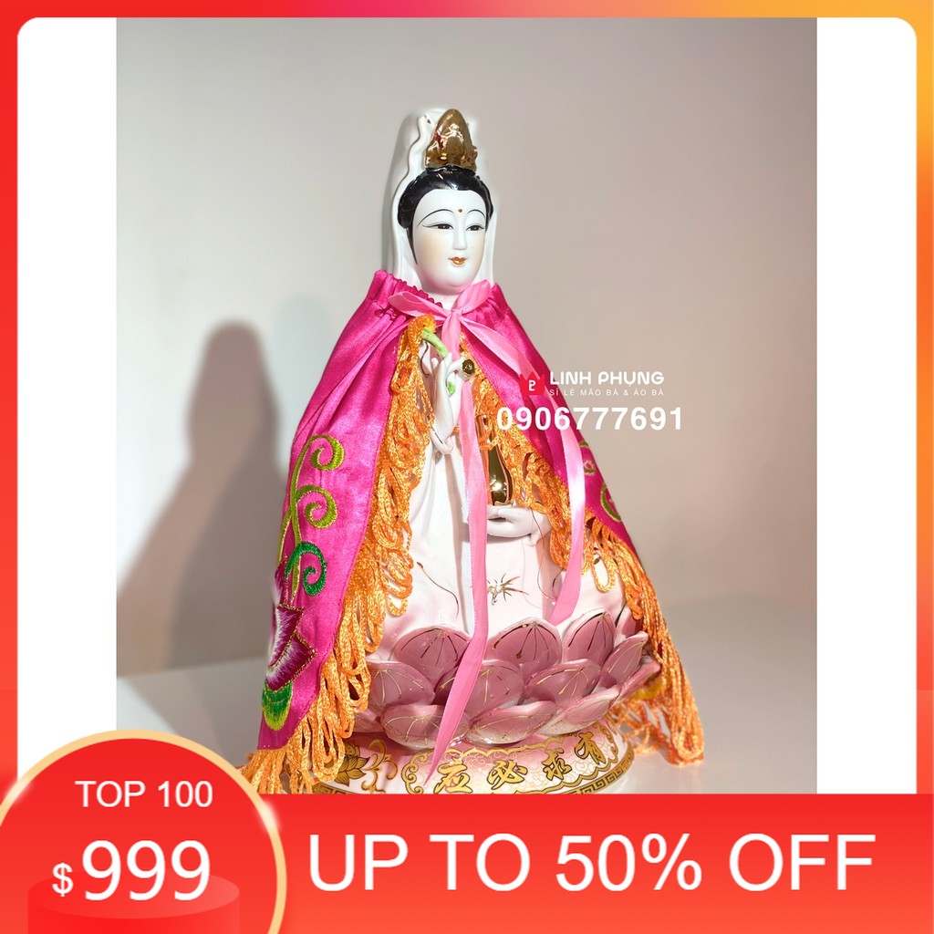 Áo choàng Quan Âm tượng nhỏ thờ nhà - vải phi thêu sen trúc
