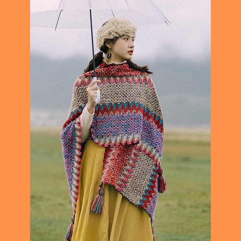 Khăn áo choàng nữ thổ cẩm boho len móc dày ấm kiểu khoác ngoài thời trang thu đông nhiều màu - 100x135cm - Mã LN038