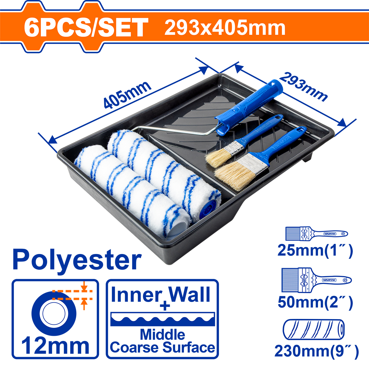 Bộ khay, cọ, con lăn sơn 6 trong 1 WADFOW WCB3H62 đường kính cán cọ 5,3mm dùng chất liệu polyester thích hợp sơn tường bên trong - chính hãng