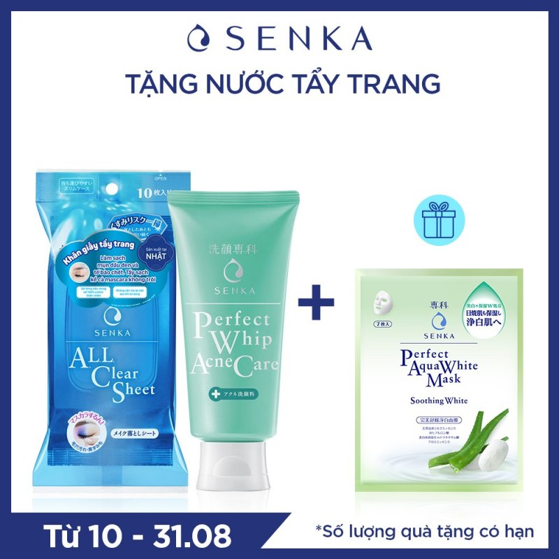 Bộ sản phẩm Senka làm sạch da giảm mụn tiện lợi (Sữa rửa mặt giảm mụn Senka Perfect Whip Acne Care 100g + Khăn giấy tẩy trang 10 miếng Senka Cleansing Sheet) giá rẻ