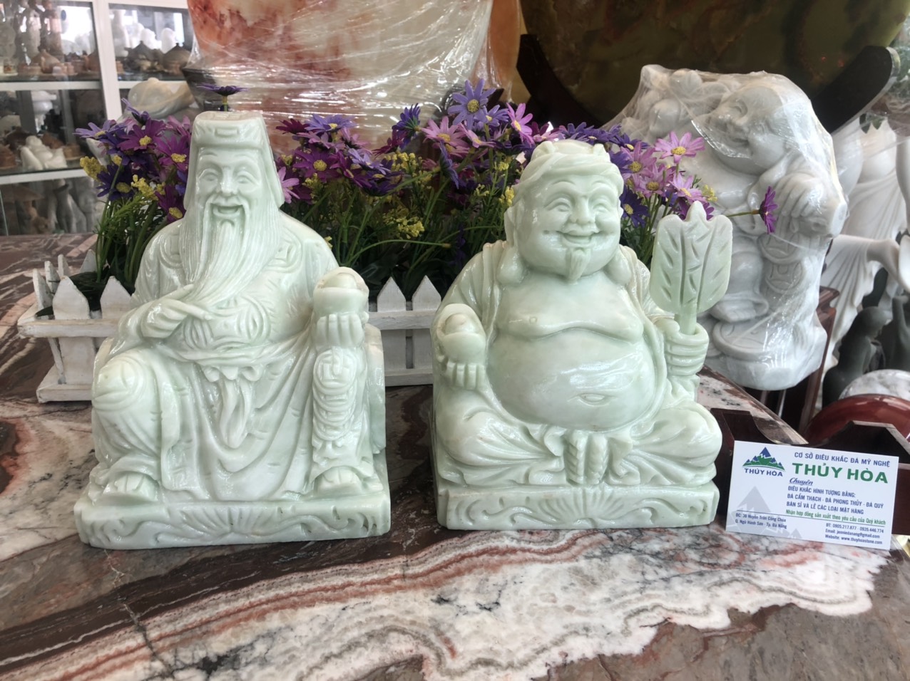 Bộ Thần Tài Thổ Địa đá cẩm thạch trắng xanh  - Cao 15cm