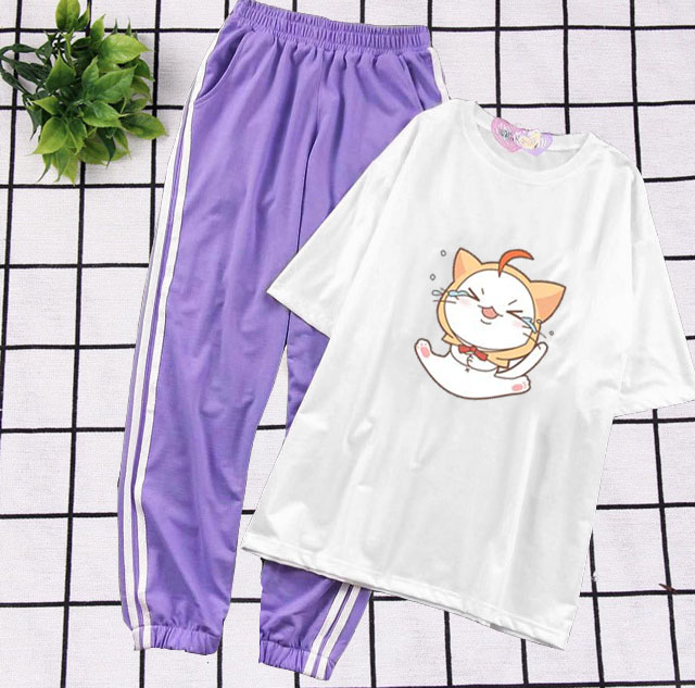 Bộ Đồ Quần Áo Nữ Ngắn Tay Đẹp Giá Rẻ Chất Liệu Cotton Organic In Động Vật Cute Kèm Quần Thun Sọc Bo Gấu