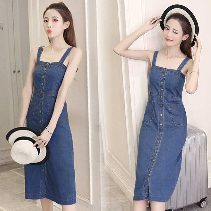 [HCM]Đầm Yếm Jean Nữ Form Dài Nút Cài Dọc