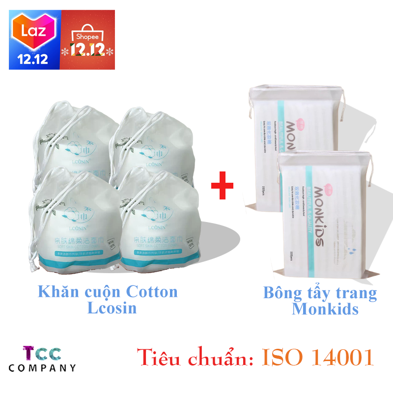 4 Cuộn Khăn Lau Mặt Tiệt Trùng - 2 Túi Bông Tẩy Trang Monkids