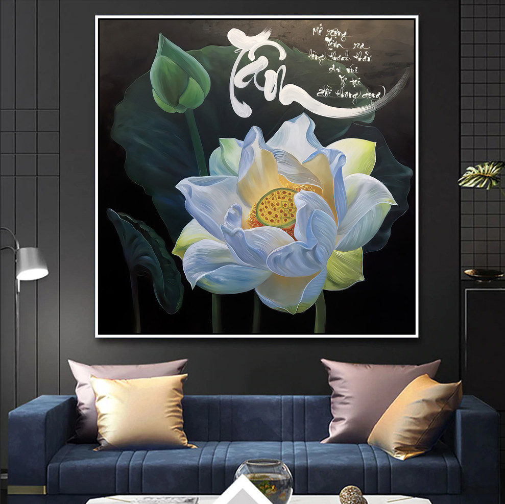 Tranh canvas treo tường hoa sen trắng thư pháp Chữ Tâm sang trọng - 60 x 60 cm