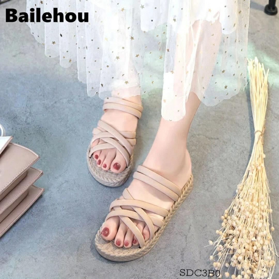 Sandal Nữ Đế Vân Cói Đi 2 Kiểu Quai Đan Chéo Chất Cao Su