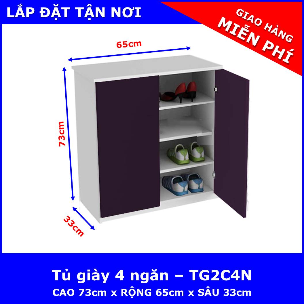 Tủ giày 2 cánh 4 tầng ( 65cm x 33cm x 73cm ) chất liệu nhựa Đài Loan cao cấp 2 lớp - KHÔNG CONG VÊNH - KHÔNG MỐI MỌT - KHÔNG ẨM MỐC - DỄ VỆ SINH