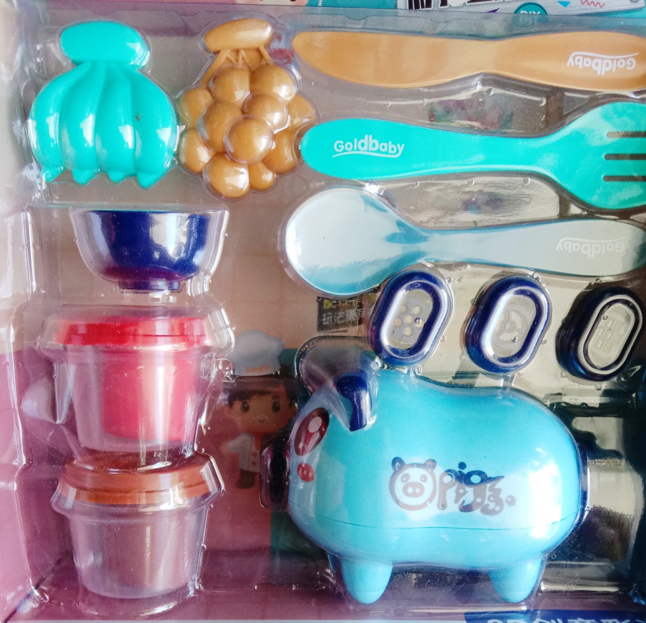 Đồ chơi heo làm bánh, mì, trái cây từ đất nặn