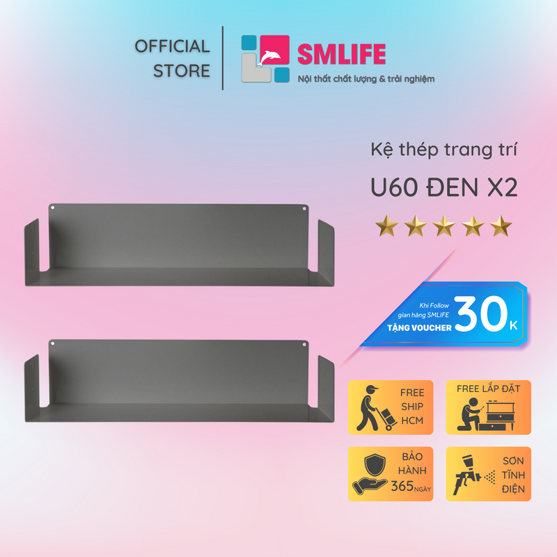 Kệ sách treo tường chữ U 60 (Set 2) - Kệ treo tường bằng thép dày 1,6mm - Sơn tĩnh điện màu Trắng/ Đen hiện đại - Tặng kèm bộ ốc vít và đầu bịt ốc