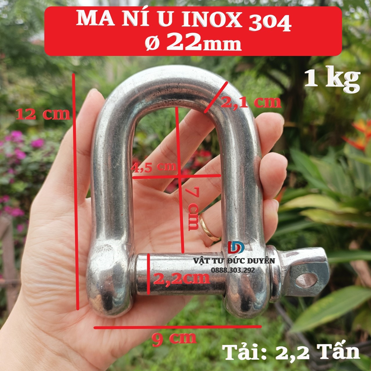 Ma ní chữ U Inox 304 [ Ø 22mm ] - Tải trọng 2.200 kg - Không han rỉ, sáng bóng