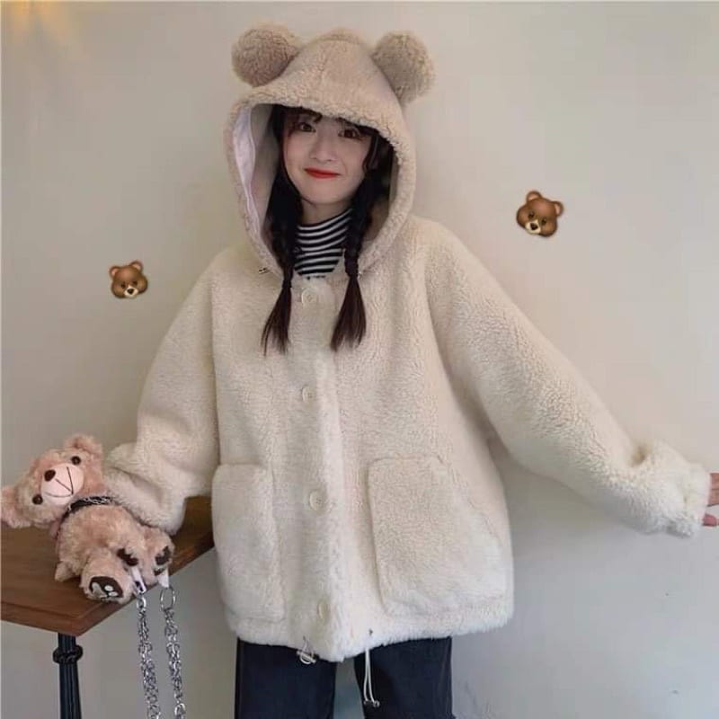 Áo Khoác   Lông Mũ Gấu Nâu Dễ Thương