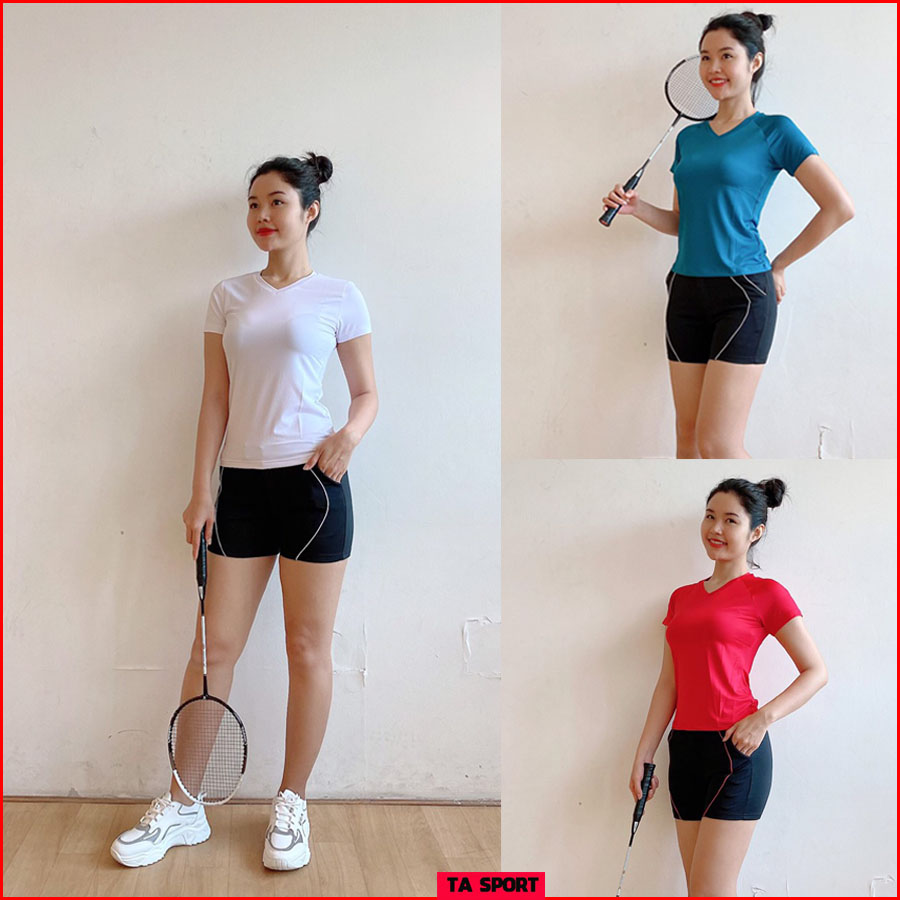 Bộ đồ tập gym, cầu lông, chạy bộ nữ ngắn gồm quần đùi dây kéo kết hợp áo thun cộc tay cổ tim - DAYKEOCOTIM.TA