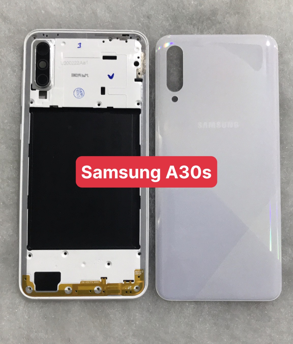 Bộ vỏ sườn  Samsung A30s zin (bộ gồm lưng, sườn, phím bấm, kính camera)
