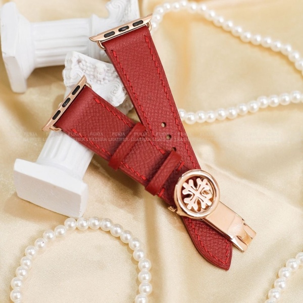 Dây da thủ công Epsom Đỏ dành cho Apple Watch, đồng hồ thông minh, đồng hồ cơ
