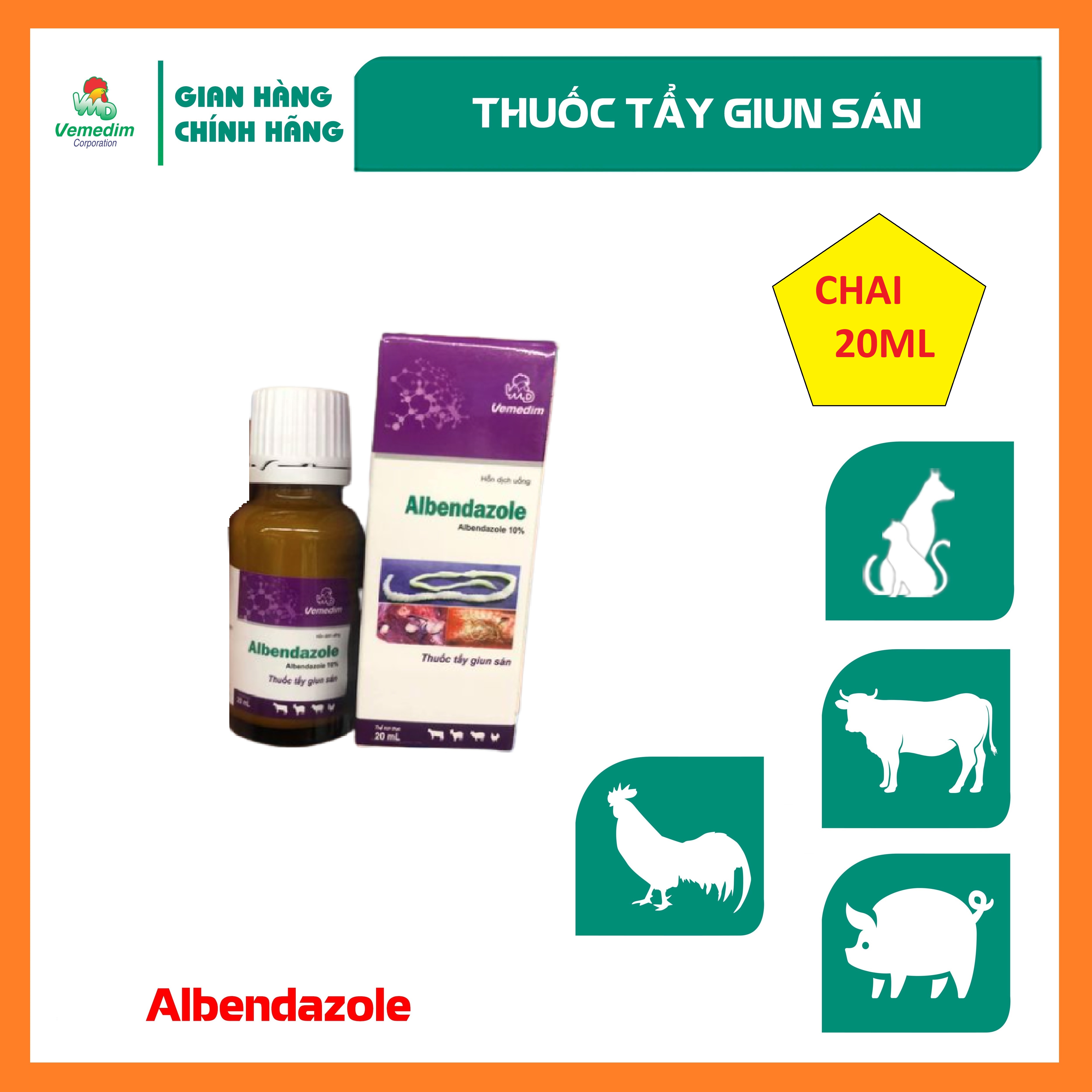 Hoàn tiền đến 10 Vemedim Albendazole thuốc tẩy giun sán cho chó mèo và gia súc chai 20ml