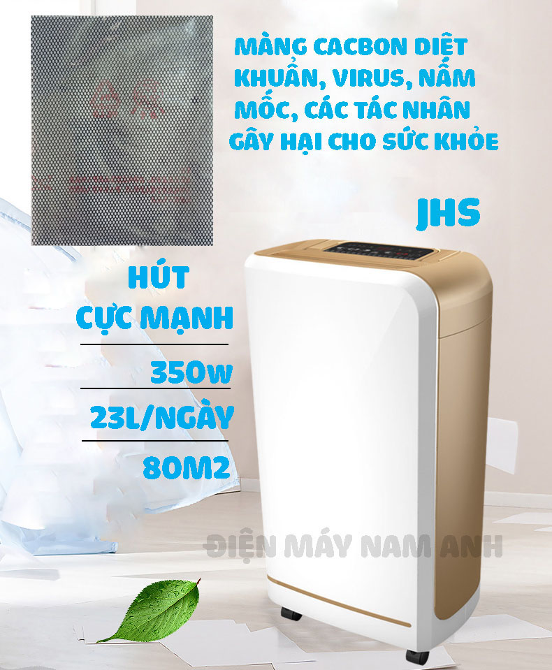 (350W, 23L)Máy Hút Ẩm Lọc Không Khí Tự Động JHS Công Suất Lớn, Lọc Không Khí Với Màng Cacbon, UV, Ion, Thương Hiệu Đức (Hình Thật)