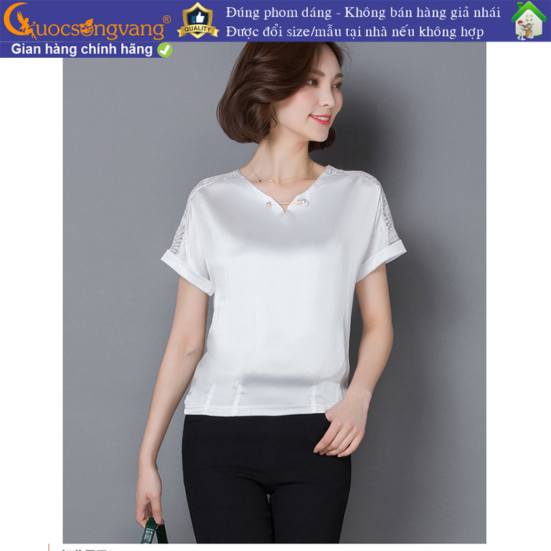 Áo lụa nữ gấu thun cổ v ngắn tay phối ren Queenbe GLA113