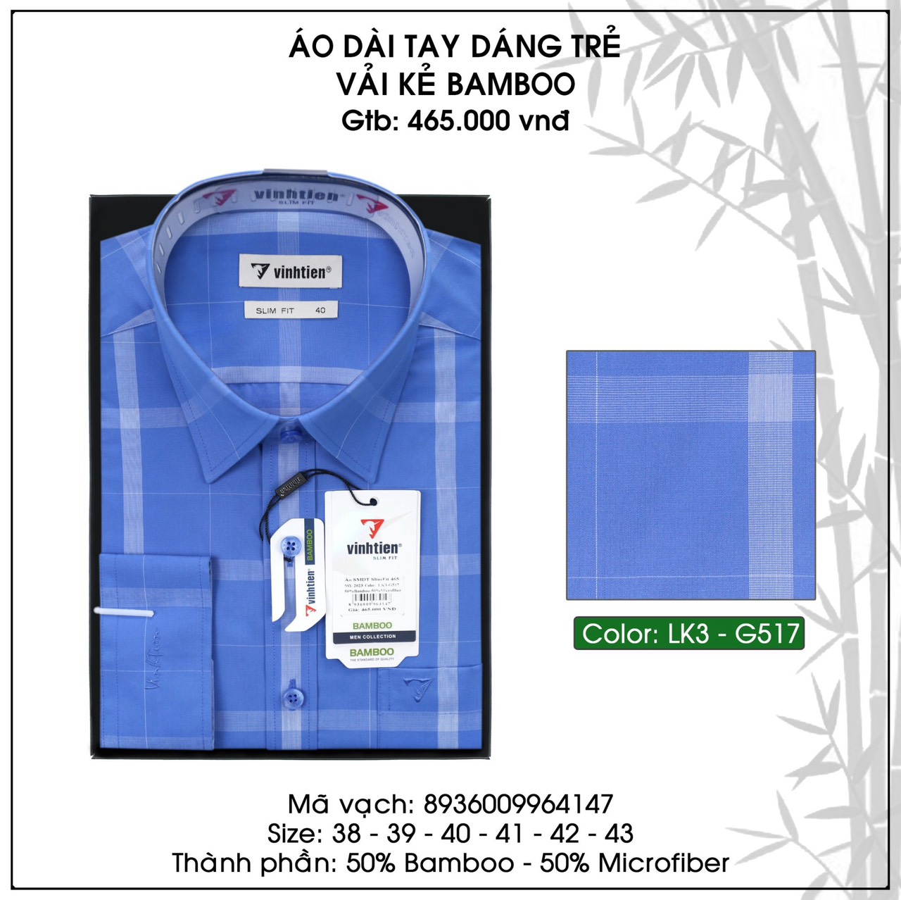 Áo Sơ Mi Dài Tay Bamboo Dáng Slimfit Phom - Vạt Bầu Vĩnh Tiến Kẻ Sọc Caro 465 - N1