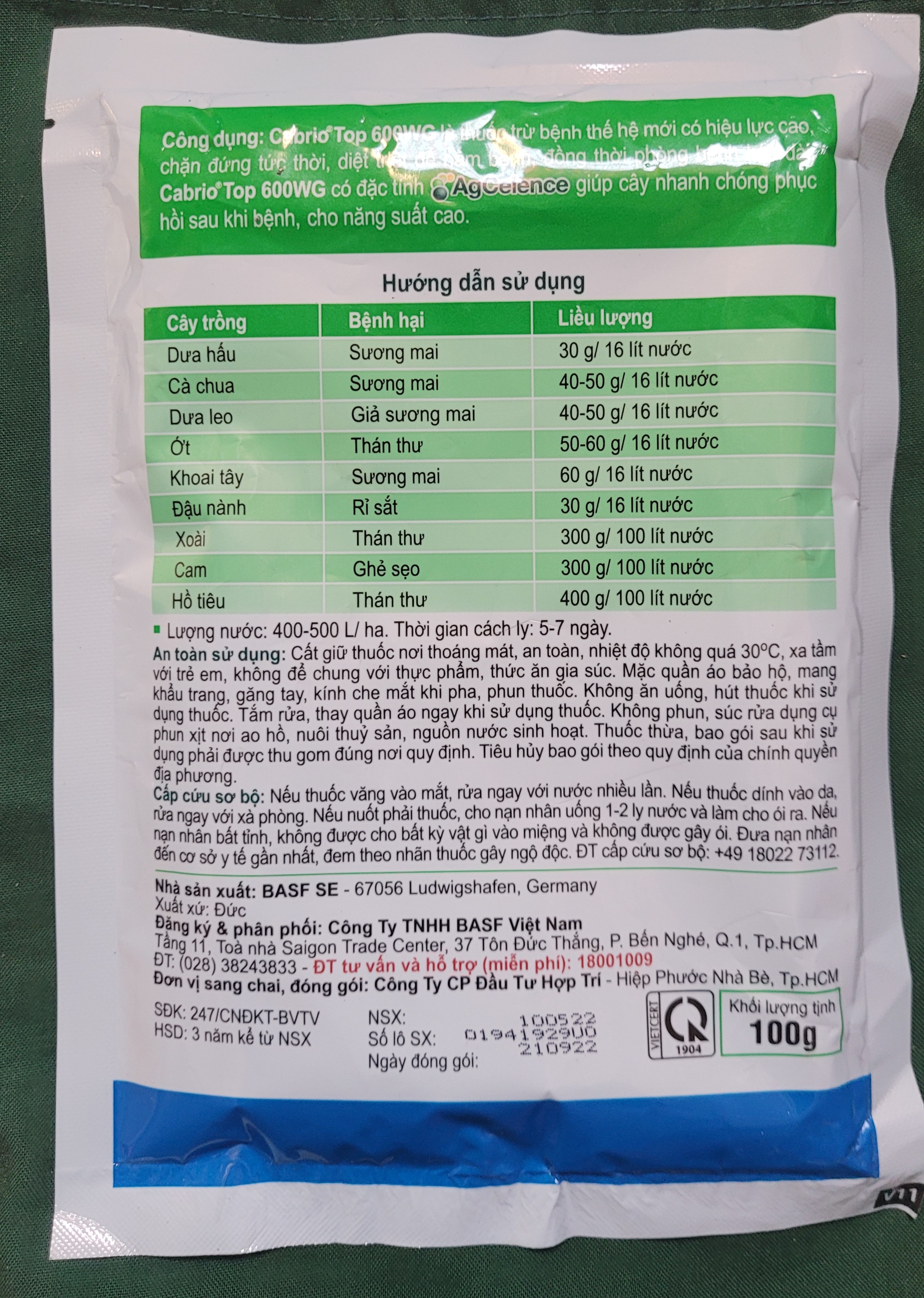 Thuốc Trừ Bệnh CABRIO TOP 600WG (gói 100gr)