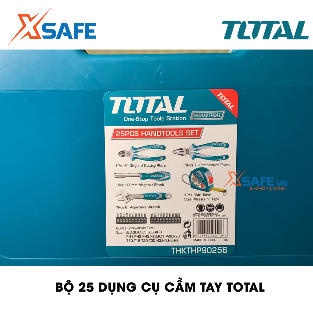 Bộ 25 công cụ dụng cụ cầm tay TOTAL THKTHP90256 phù hợp cho kỹ thuật, công trình, dân dụng.1 cái kiềm kết hợp 7", 1 kiềm cắt chéo 6" , 1 vặn có thể điều chỉnh 8", 1 thước dây,1 chuôi có nam châm 100mm. 20 đầu vít