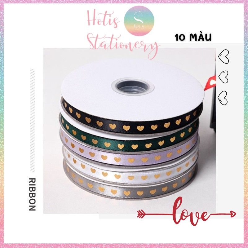 [HOTIS] [Lẻ 1m/ 5m] Ruy băng lụa trái tim bản rộng 1cm - 10 màu