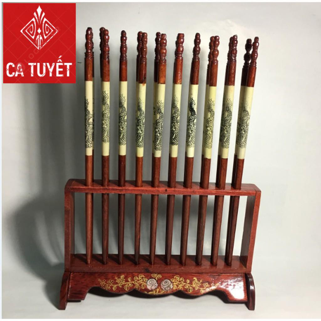 Bộ đũa thờ 10 đôi khảm rồng gỗ hương cao cấp dáng đứng