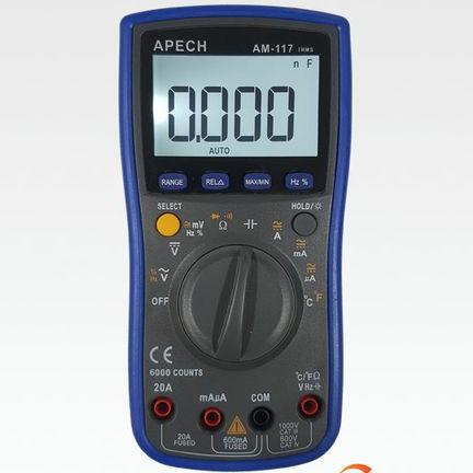 Đồng hồ vạn năng hiện số APECH AM-117, đo điện áp, dòng điện, điện trở, kiểm tra diode, đo nhiệt độ, màn hình LCD lớn, nút xoay chọn chức năng, đầu dò màu đỏ đen, phù hợp sửa chữa điện gia dụng.