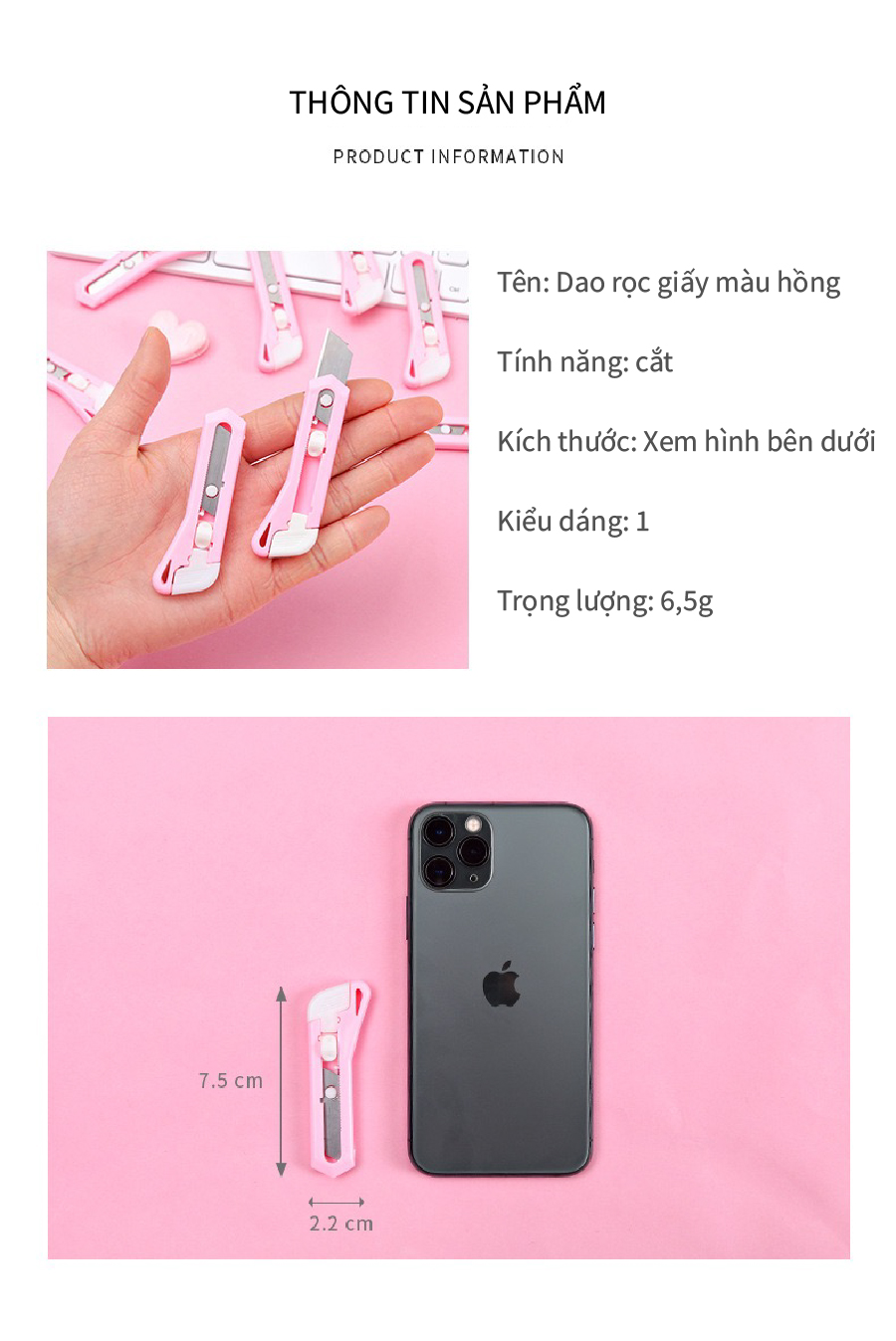 Dao rọc giấy mini màu hồng BẰNG THÉP