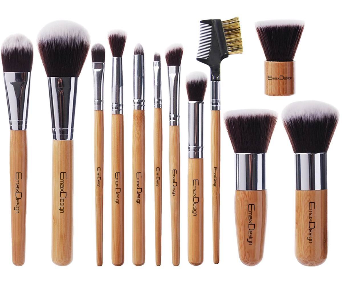 Túi 12 cọ trang điểm chuyên nghiệp - sợi kabuki - cán tre emaxdesign 12 pieces makeup brush set professional, foundation - blush - concealer - powder - cream