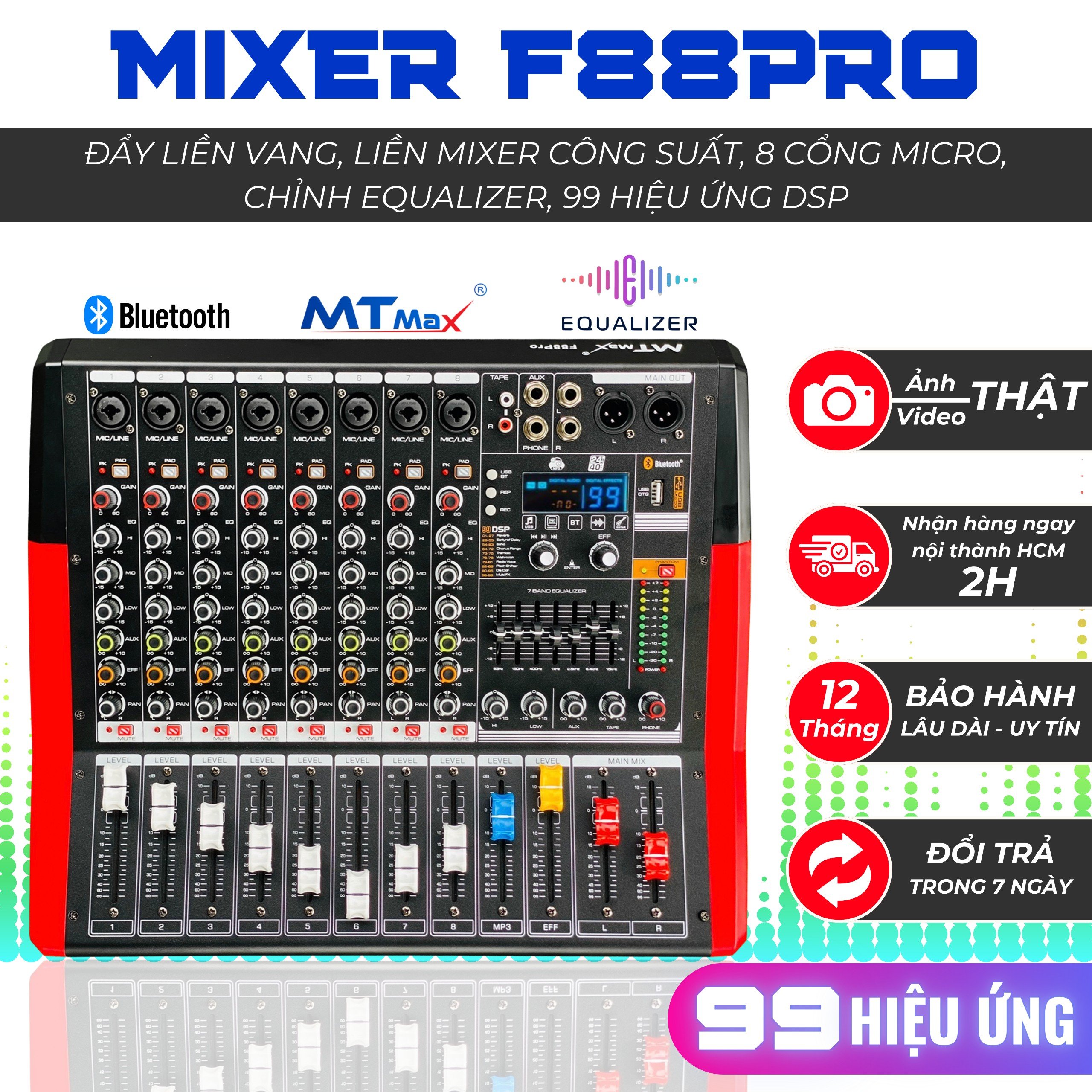 Mixer mtmax f88 pro đẩy liền vang, liền mixer công suất, 8 cổng micro, chỉnh equalizer, 99 hiệu ứng dsp đánh được cặp loa 3.5 tấc âm thanh chuẩn phòng thu, hát karaoke gia đình, live stream chuyên nghiệp