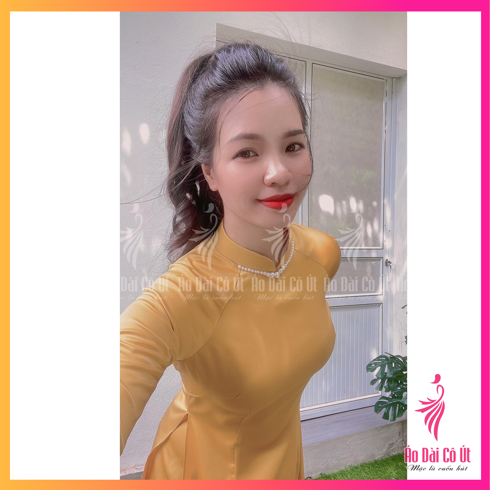 Áo dài truyền thống vải lụa tây thi cổ đính ngọc