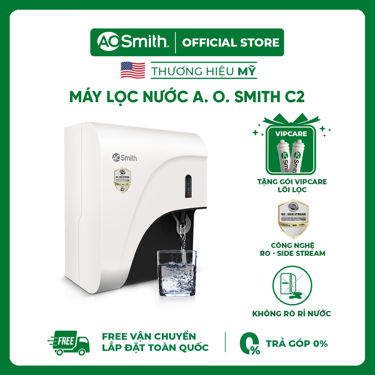 Máy Lọc Nước A. O. Smith C2 - Tặng Bộ 2 Lõi Lọc - Để Bàn - RO Side Stream Bản Quyền Mỹ - Có Lõi Lọc Bù Khoáng - Cảnh Báo Thay Lõi - Bảo Hành 12 Tháng - Free Shipping