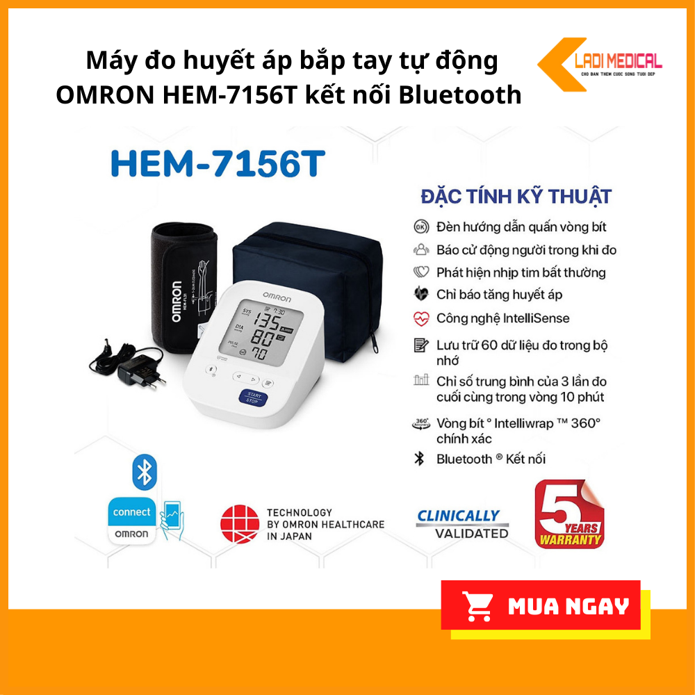 Máy đo huyết áp bắp tay tự động OMRON HEM-7156T kết nối Bluetooth vòng bít xoay 360 độ ôm sát