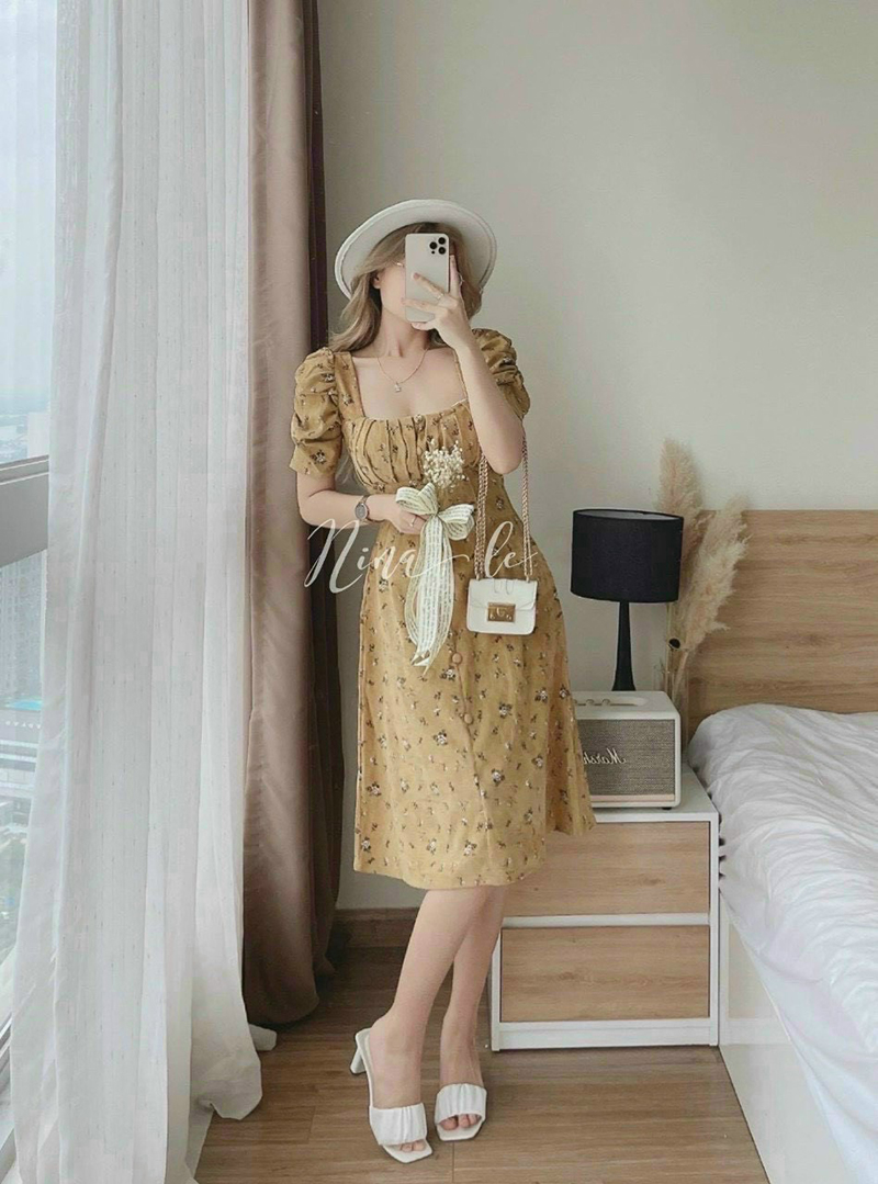 Đầm Lụa Hoa Công Sở Xếp Ly Ngực - Thời Trang Hoa Anh Đào