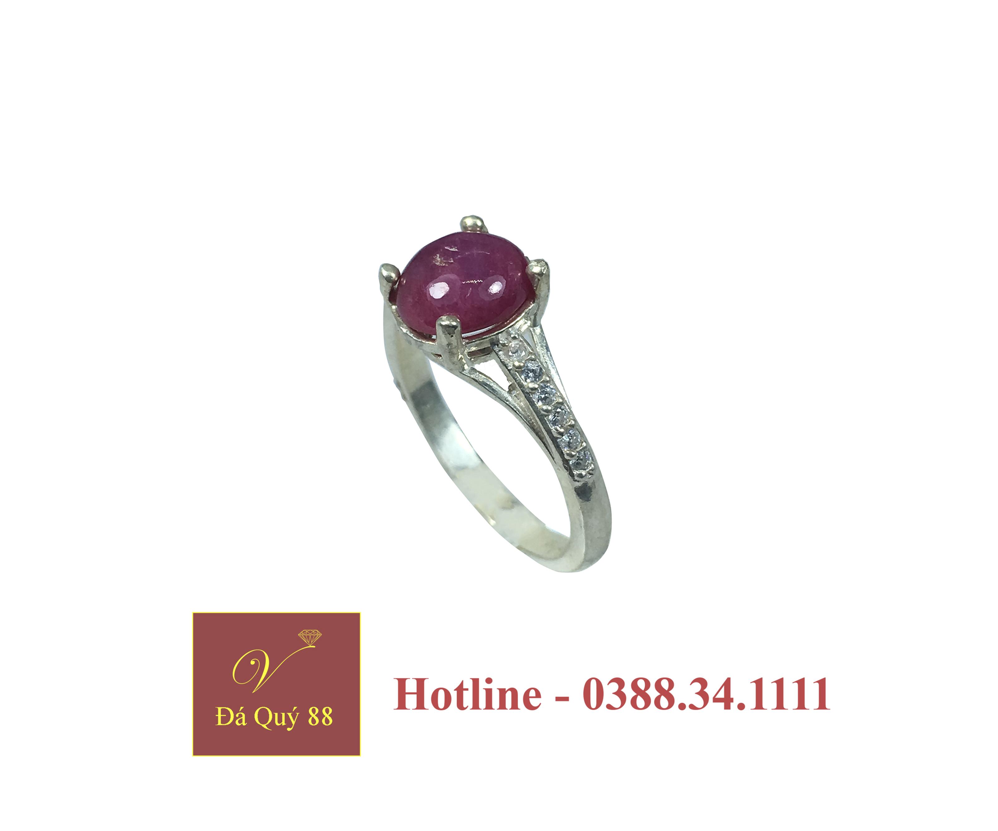 Nhẫn bạc nữ gắn đá ruby tự nhiên yên bái, đỏ đậm
