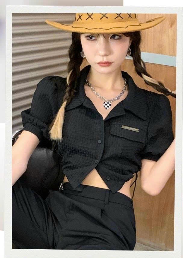 Áo sơ mi xốp rút dây ua1045 kiểu ngắn croptop nhiều màu