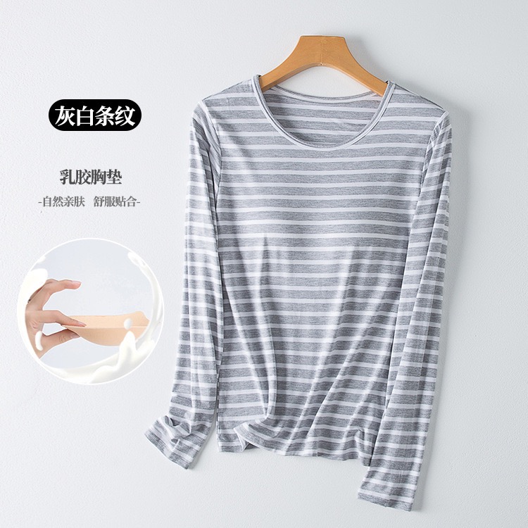 Áo cotton cổ tròn kẻ có lót ngực