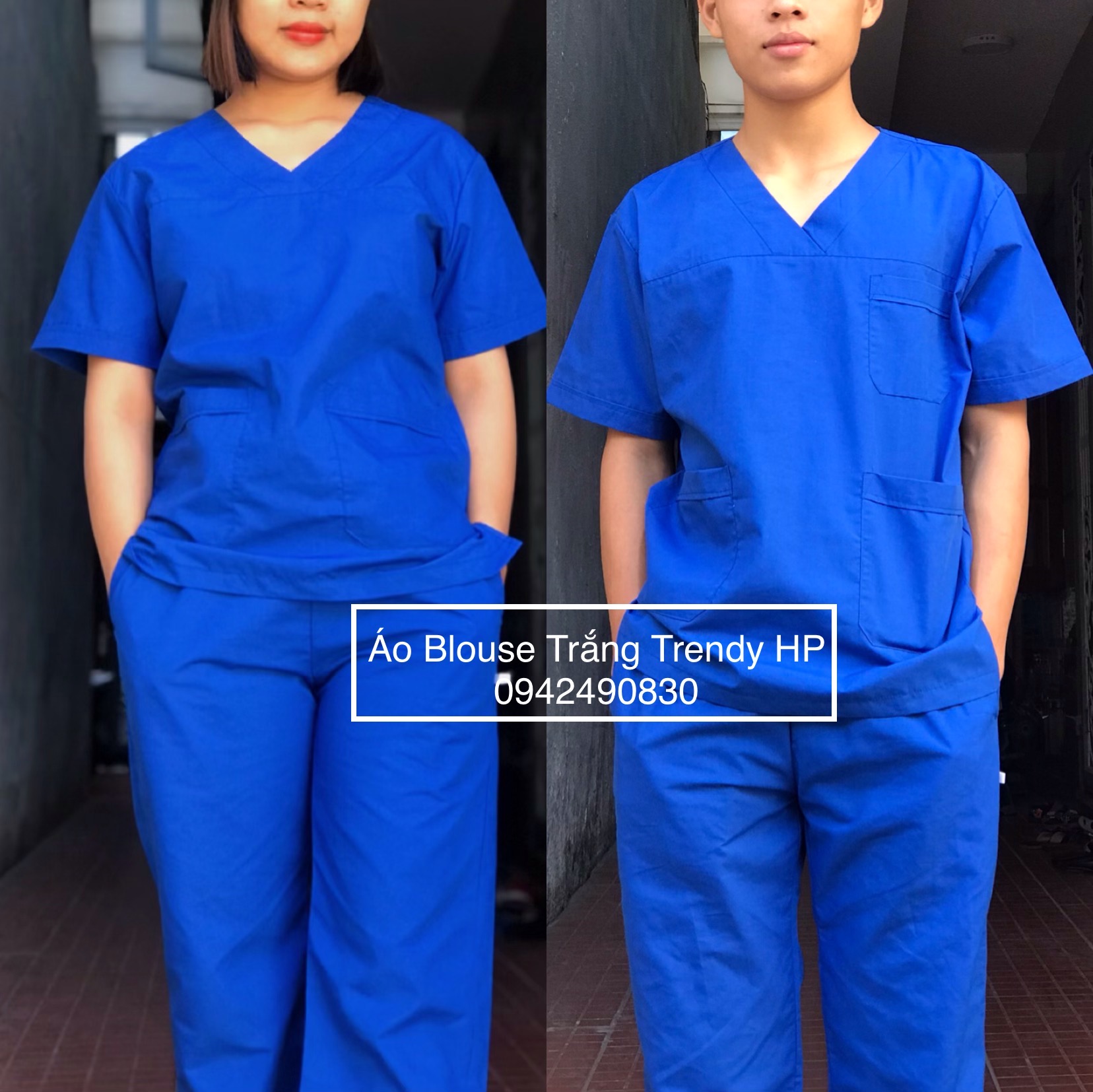 Bộ scrubs bác sĩ màu xanh cô ban - bộ quần áo blouse cổ tim nam nữ, đồng phục bệnh viện, thẩm mỹ viện, spa, nha khoa