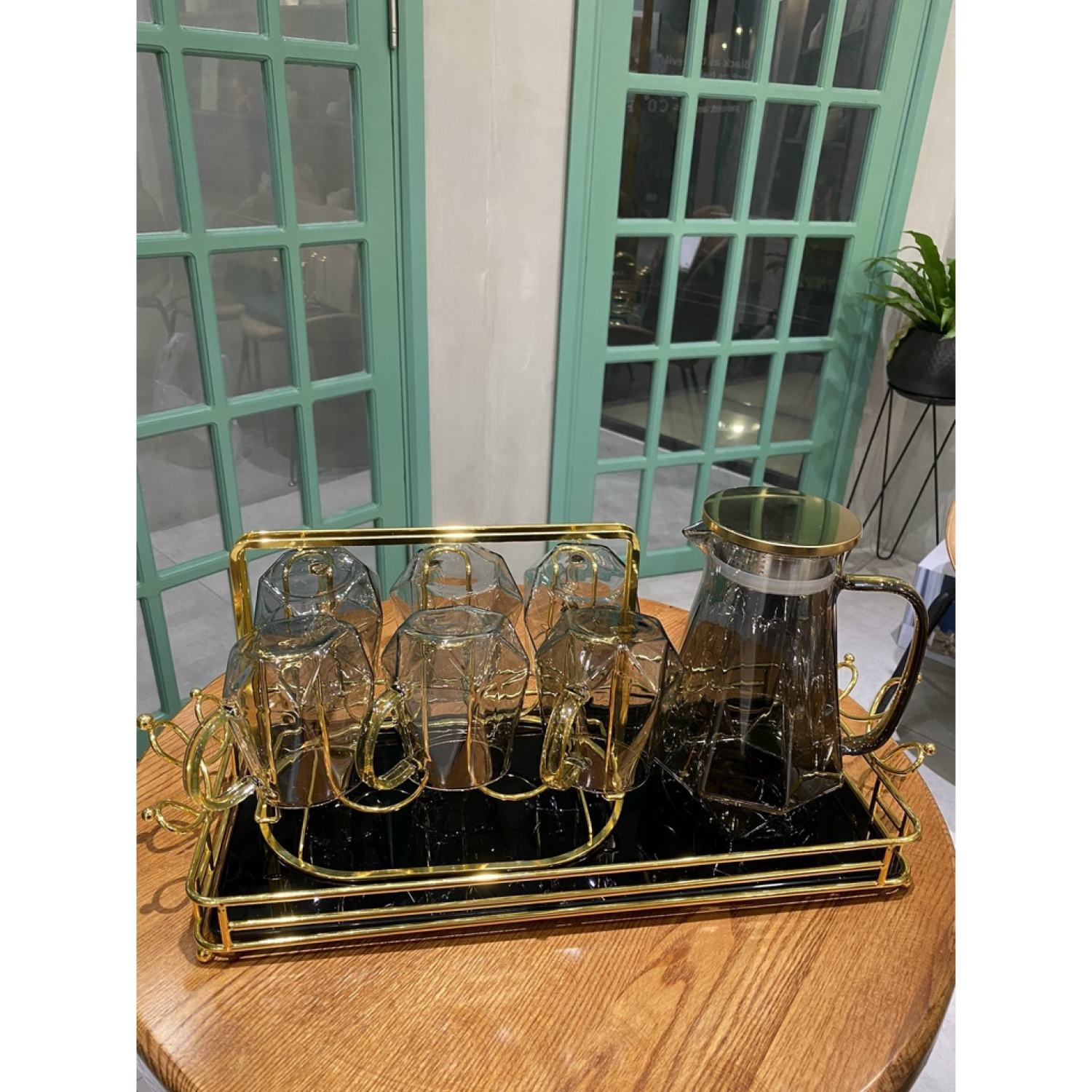 Set 6 Cốc + Bình Thuỷ Tinh Borosilicate Pha Lê Đen 🌸 Sang Trọng Tinh Tế 🌸
