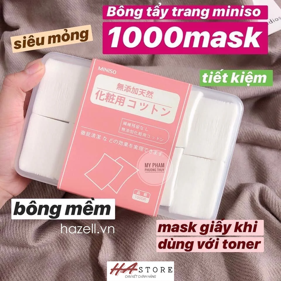 Bông Tẩy Trang Miniso Natural Cotton Pads 1000 miếng nội địa Nhật Cotton 3 lớp làm sạch da