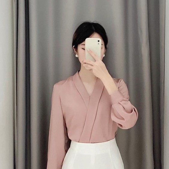 Áo sơ mi kiểu công sở nữ - áo sơ mi lụa cổ v chéo 037