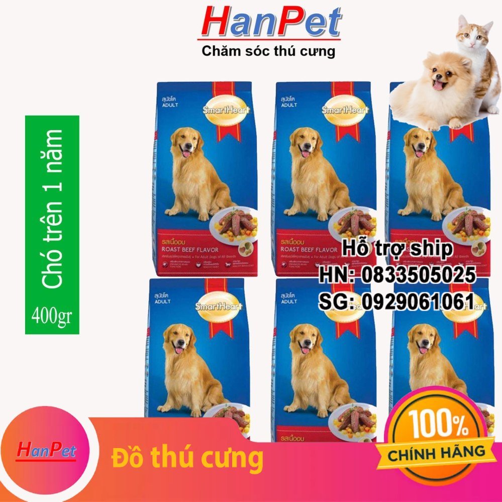 Hanpet - (Combo 6 gói) Thức ăn dạng hạt cao cấp Smartheart Adult (dành cho chó trên 1 năm tuổi) - mỗi gói 400g ( 206c- HP10308TC