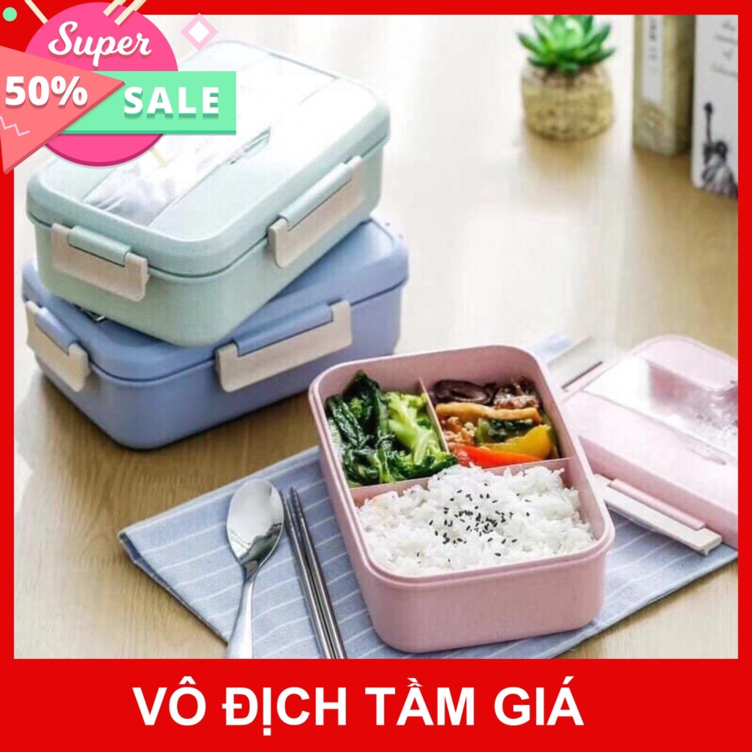 Hộp Cơm Lúa Mạch 3 Ngăn Kèm Đũa Thìa Inox