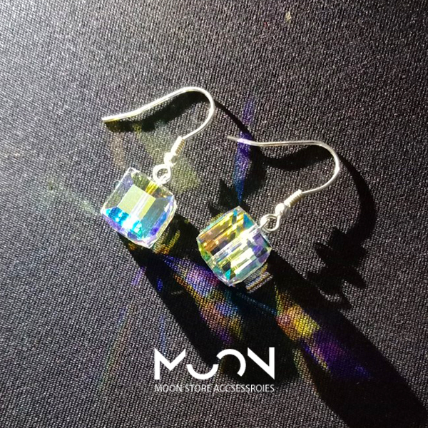 Bông tai nữ Bạc Thật và Pha Lê Swarovski khối vuông lập phương loại to 10mm sáng lấp lánh trang sức thủ công handmade - moon store acc