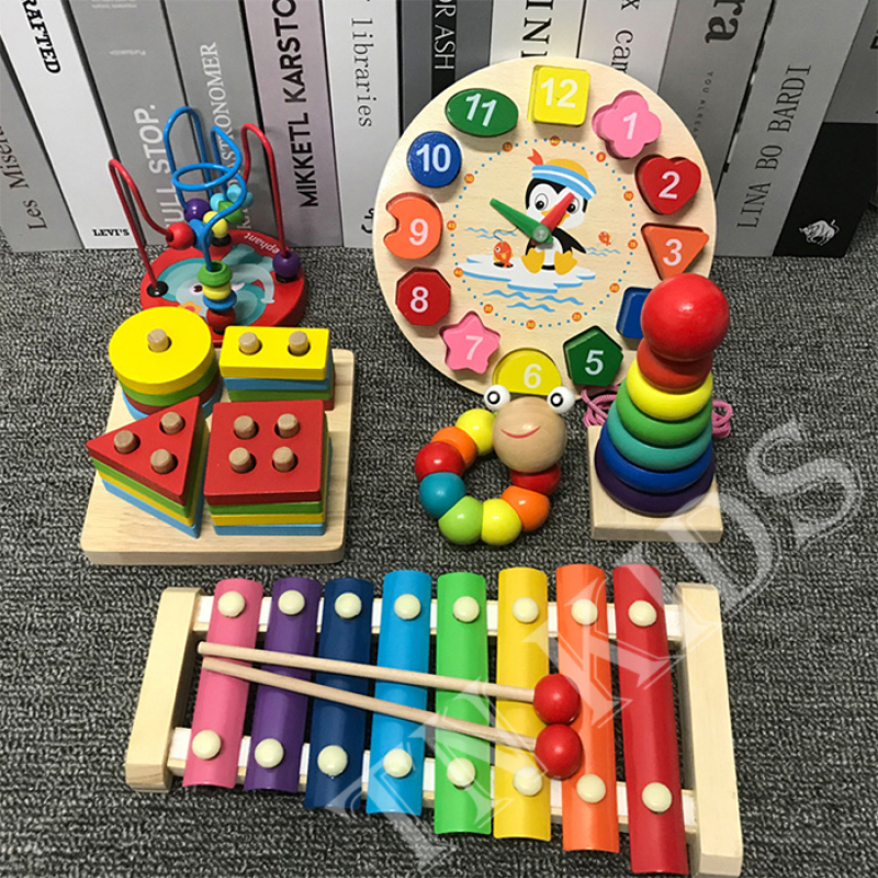 Combo 6 món đồ chơi gỗ phát triển trí tuệ cho bé giáo cụ Montessori, set 6 món đồ chơi gỗ thông minh gồm bộ luồn hạt, sâu uốn dẻo, đàn gỗ, tháp cầu vồng, thả hình 4 trụ, đồng hồ xâu hạt cho bé phát triển toàn diện